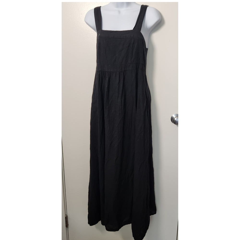 Francesca Bettini Black M Linen Cotton Tie Back Strappy Midi Dress Pockets Italy